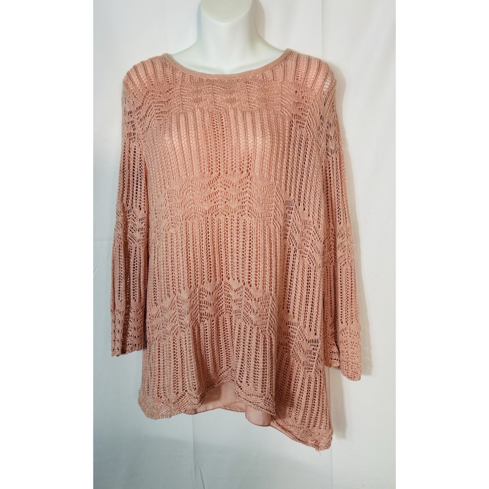 Vintage Womens Open Knit Boho Crochet Sweater Pink Fairy Coquette Asymmetric Y2K